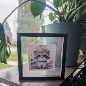 Nursery Art - Cute Baby Raccoon Floral Print in Black Floating Frame